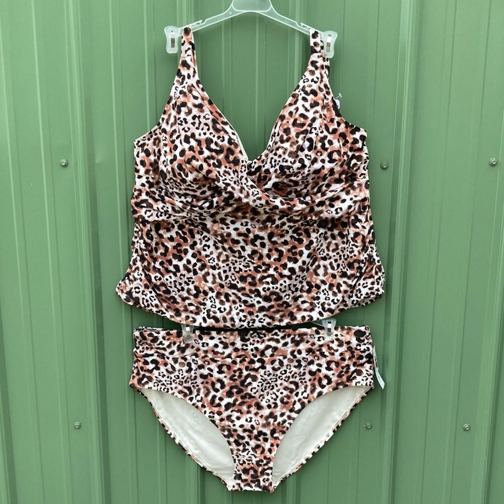 Leopard Print Knit Tankini Top & High Waist Bikini Bottoms Swimsuit Size 3X